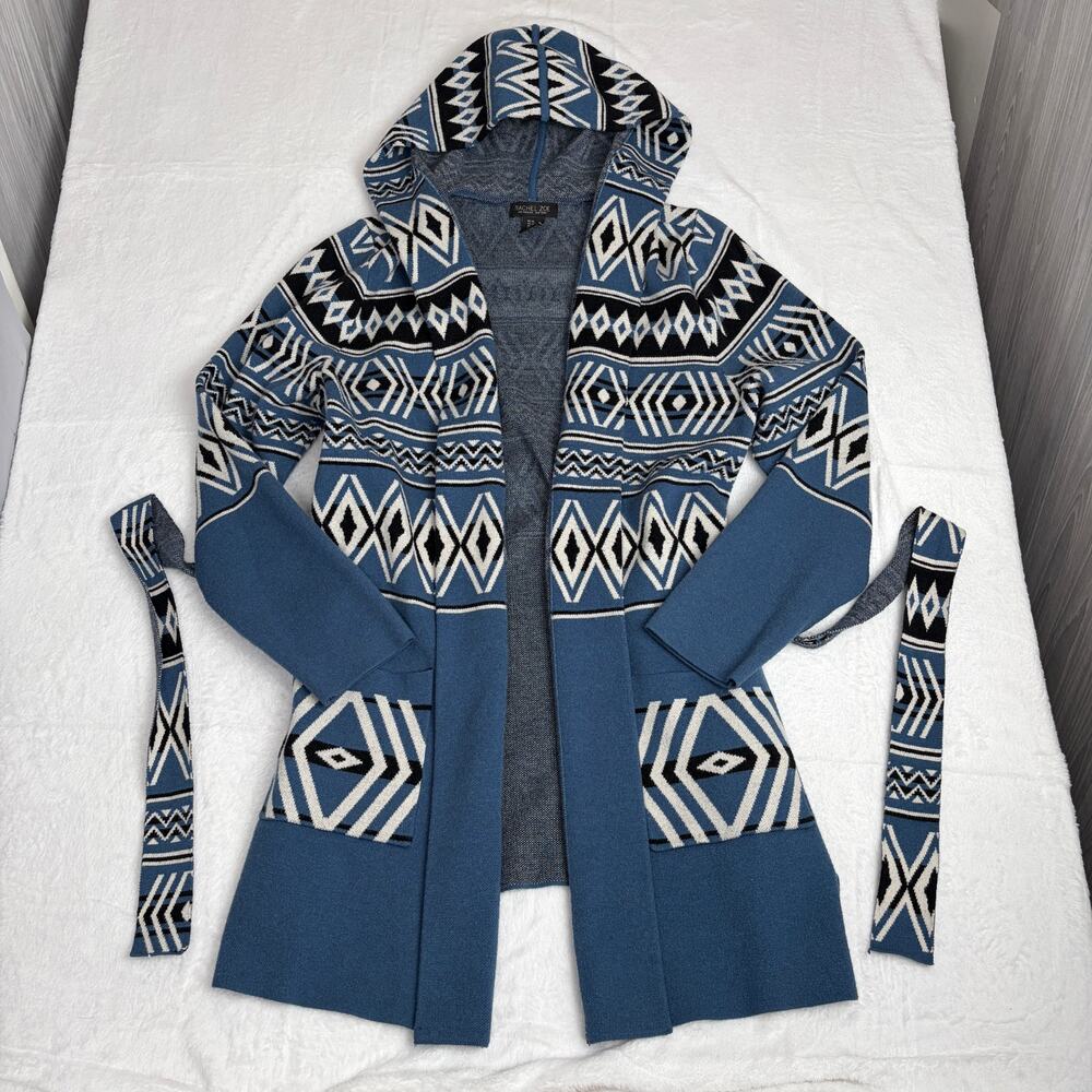 Rachel Zoe Tribal Knit Long Cardigan Women's XL Blue Hood Belt Winter Cozy Boho